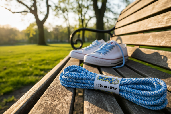a pair of rope style 5mm wide blue and white shoelaces