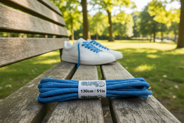 a pair of rope style 5mm wide bright blue shoelaces with a reflective weave