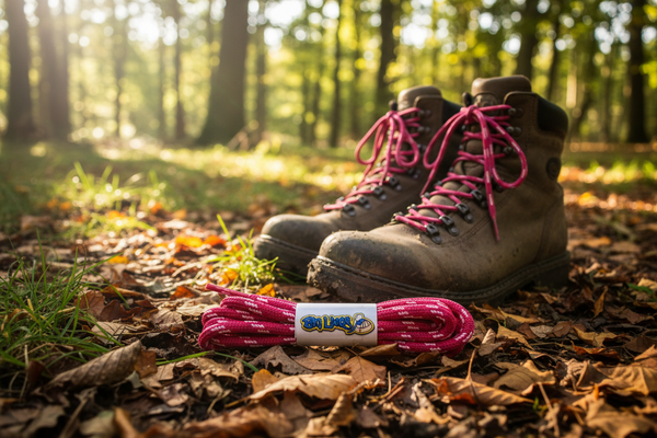 a pair of bright pink bootlaces with baby pink flecks suitable for hiking and walking boots