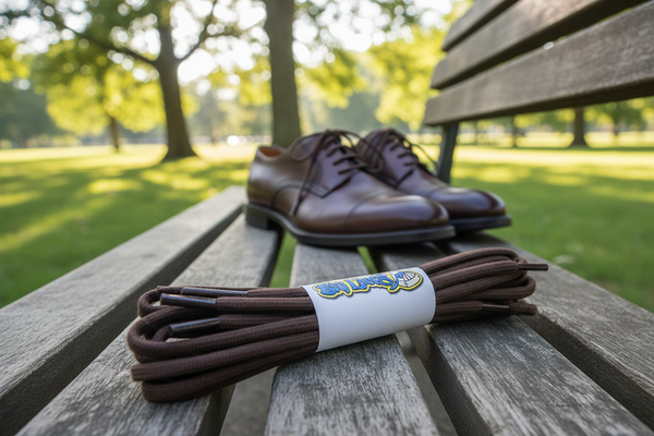 a pair of round brown cotton shoelaces