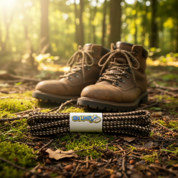 a pair of round brown bootlaces with cream dots suitable for hiking and walking boots
