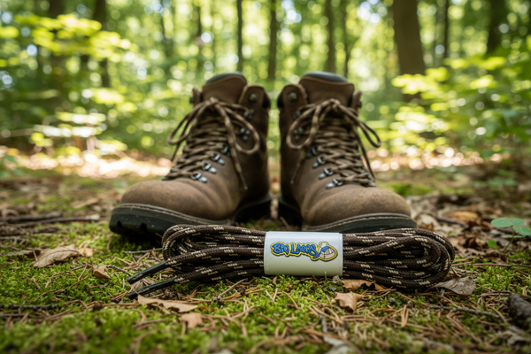 a pair of round brown bootlaces with cream flecks suitable for hiking and walking boots