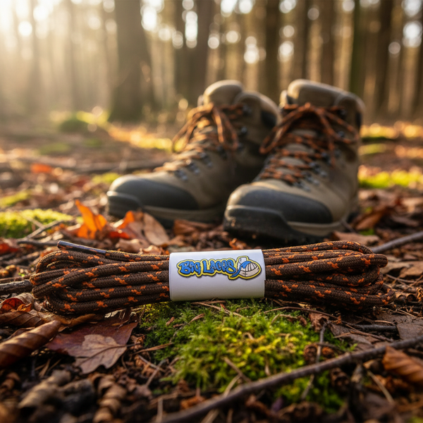a pair of round brown bootlaces with orange flecks suitable for hiking and walking boots