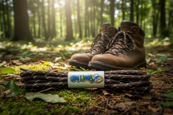 a pair of round brown bootlaces with taupe flecks suitable for hiking and walking boots