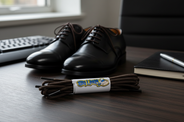 a pair of round brown shoelaces for formal dress shoes
