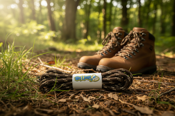a pair of round brown bootlaces with cream flecks suitable for hiking and walking boots
