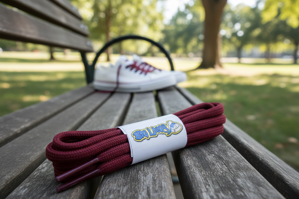 a pair of round 5mm wide burgundy shoelaces