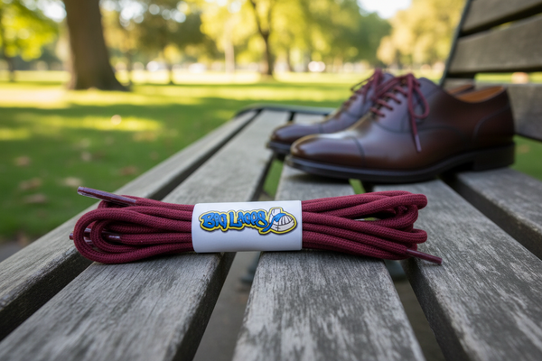 a pair of round burgundy cotton shoelaces