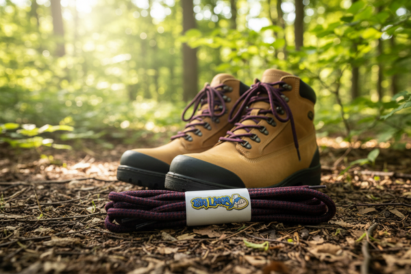 a pair of burgundy bootlaces with navy blue pinpoints suitable for hiking and walking boots