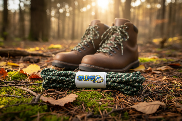a pair of round camouflage green brown bootlaces suitable for hiking and walking boots
