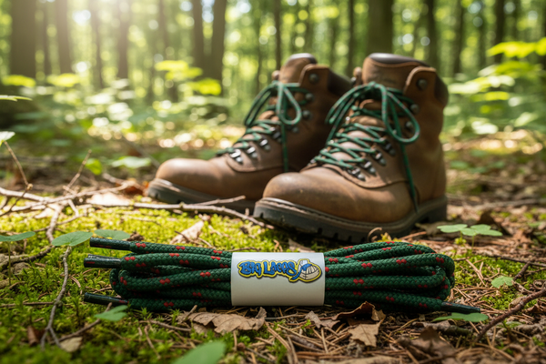 a pair of round cedar green bootlaces with red flecks suitable for hiking and walking boots