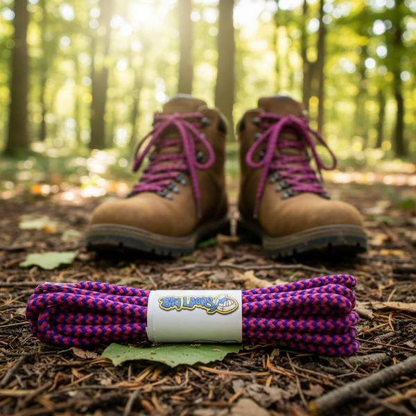 a pair of round cerise pink and purple bootlaces suitable for hiking and walking boots
