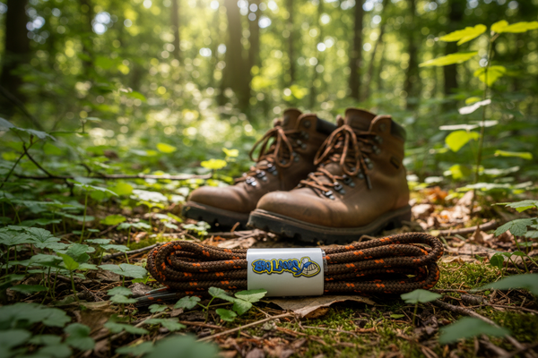 a pair of round chocolate brown bootlaces with orange flecks suitable for hiking and walking boots