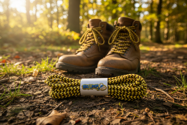 a pair of yellow and brown bootlaces suitable for hiking and walking boots

