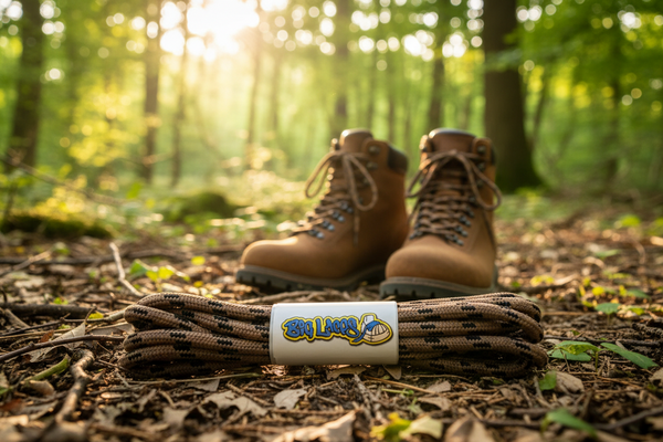 a pair of round coffee brown bootlaces with black flecks suitable for hiking and walking boots