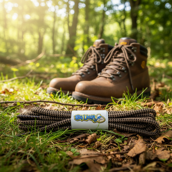 a pair of round coffee brown bootlaces with black dots suitable for hiking and walking boots

