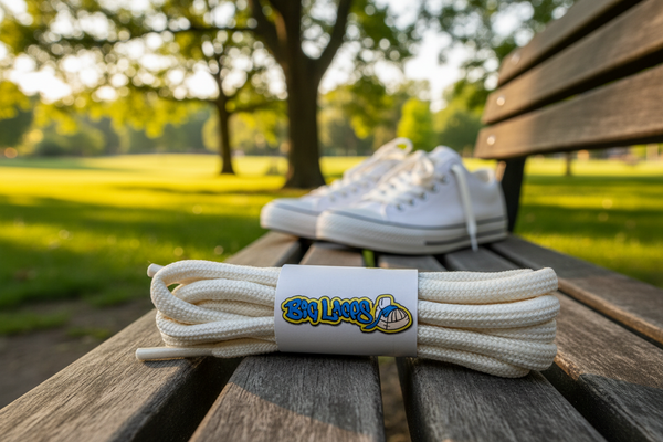 a pair of round 5mm wide cream shoelaces