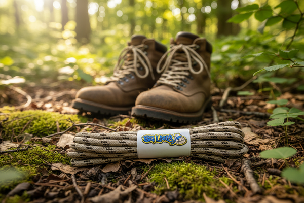 a pair of round cream bootlaces with brown flecks suitable for hiking and walking boots