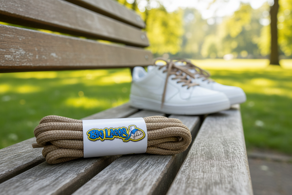 a pair of round 5mm wide dark beige shoelaces