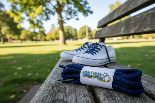 a pair of round 5mm wide dark blue shoelaces
