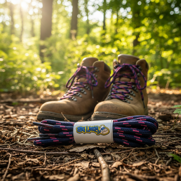 a pair of dark pink bootlaces with bright pink flecks suitable for hiking and walking boots
