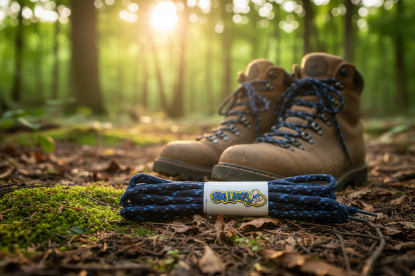 a pair of round dark blue bootlaces with light blue flecks suitable for hiking and walking boots