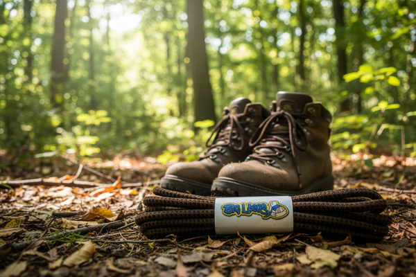 a pair of round brown bootlaces with black dots suitable for hiking and walking boots
