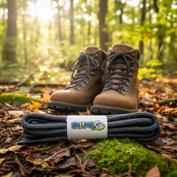 a pair of round dark grey bootlaces suitable for hiking and walking boots
