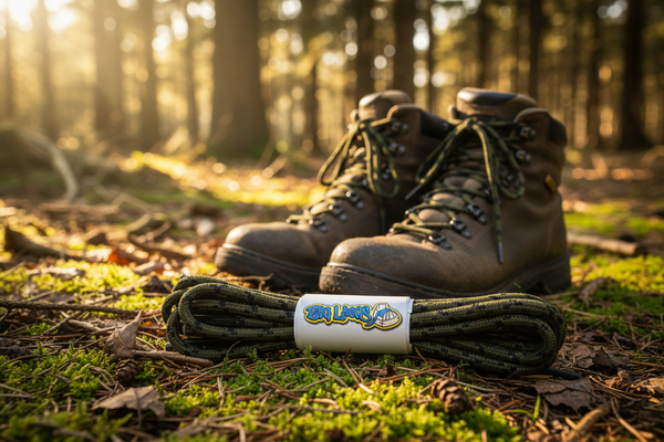 a pair of round everglade green bootlaces with black flecks suitable for hiking and walking boots
