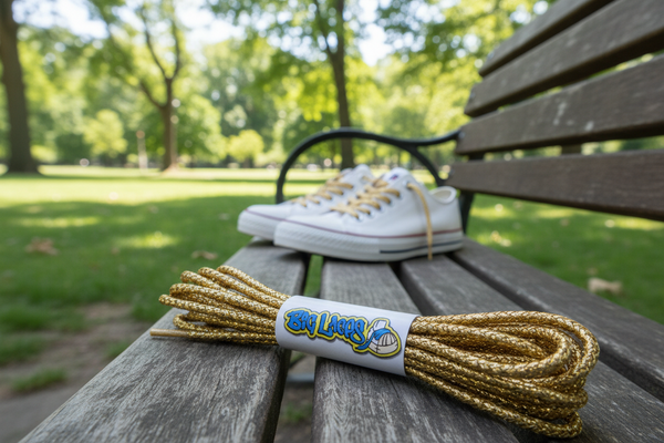 a pair of round 3mm wide gold coloured shoelaces