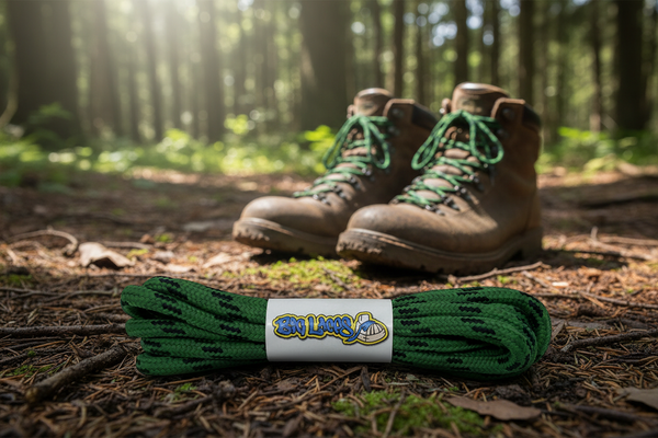 a pair of green bootlaces with black flecks suitable for hiking and walking boots