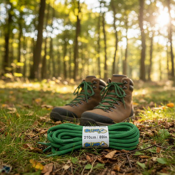 a pair of green bootlaces suitable for walking or hiking boots