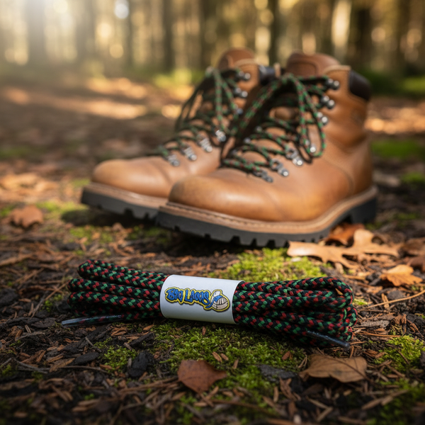 a pair of round green red and black bootlaces suitable for hiking and walking boots

