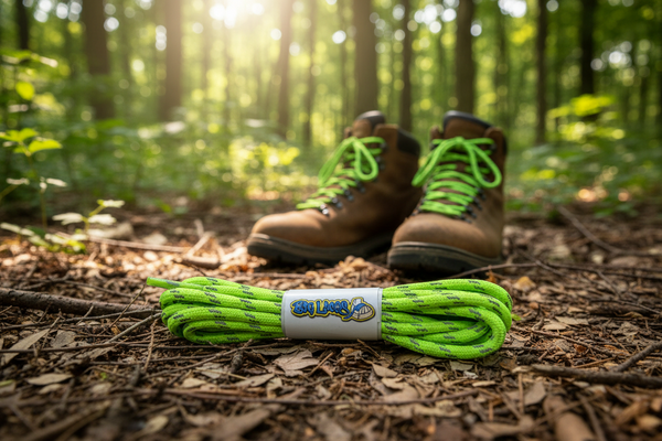 a pair of round green laces with a reflective weave