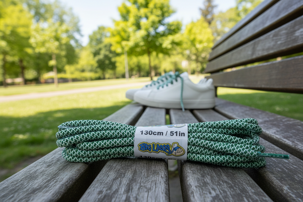 a pair of rope style 5mm wide green and white shoelaces