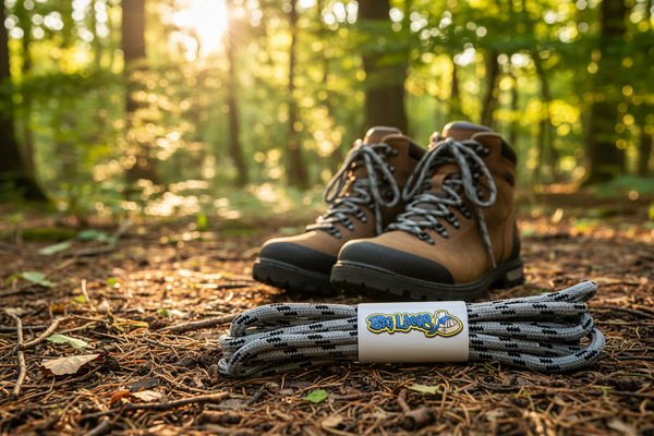 a pair of round grey bootlaces with black flecks suitable for hiking and walking boots
