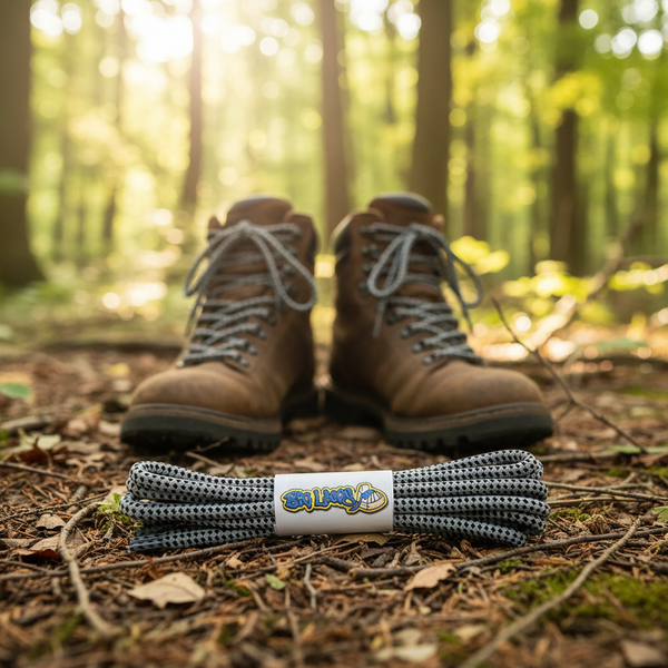 a pair of round grey bootlaces with black dots suitable for hiking and walking boots
