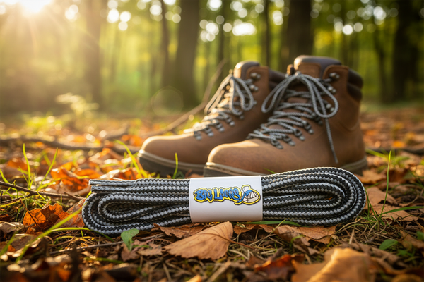 a pair of round grey and black bootlaces suitable for hiking and walking boots
