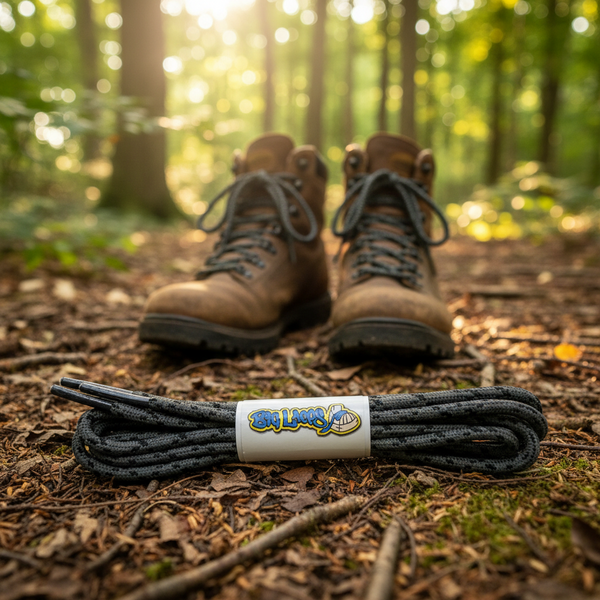 a pair of round grey bootlaces with black flecks suitable for hiking and walking boots