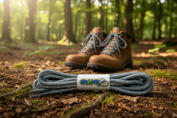 a pair of round grey bootlaces with blue flecks suitable for hiking and walking boots
