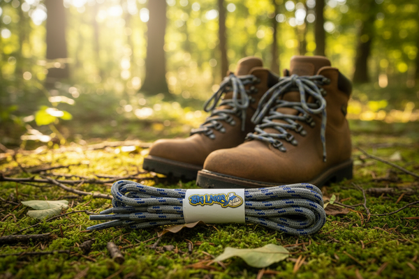 a pair of round grey bootlaces with blue flecks suitable for hiking and walking boots