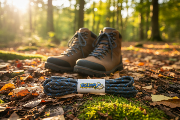 a pair of round grey bootlaces with bright blue flecks suitable for hiking and walking boots
