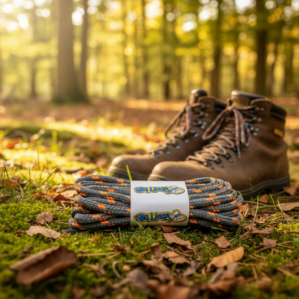 a pair of grey bootlaces with orange flecks suitable for hiking and walking boots
