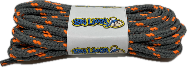 a pair of grey bootlaces with orange flecks suitable for hiking and walking boots