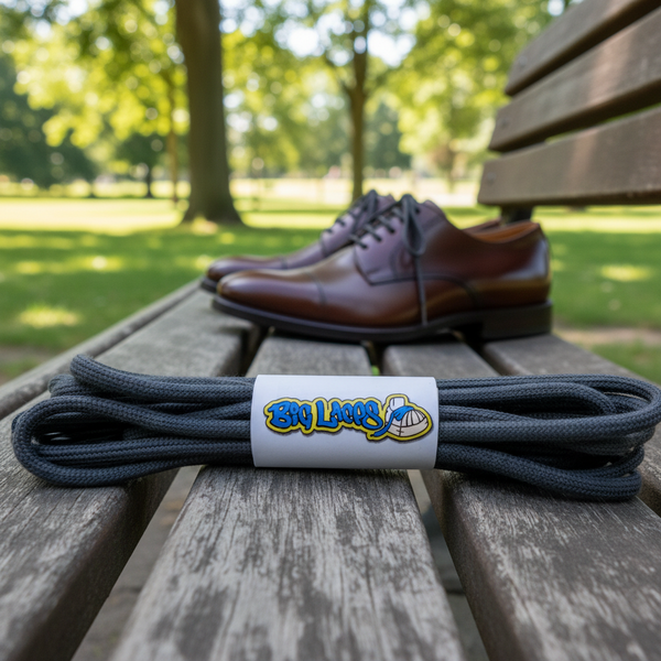 a pair of round grey cotton shoelaces