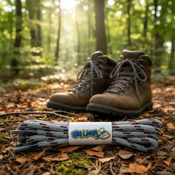 a pair of grey bootlaces with maroon flecks suitable for hiking and walking boots
