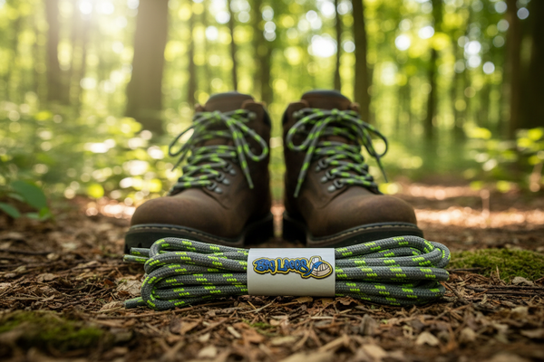 a pair of round grey bootlaces with neon green flecks suitable for hiking and walking boots