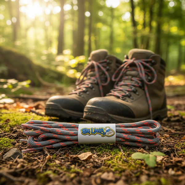 a pair of round grey bootlaces with neon pink flecks suitable for hiking and walking boots