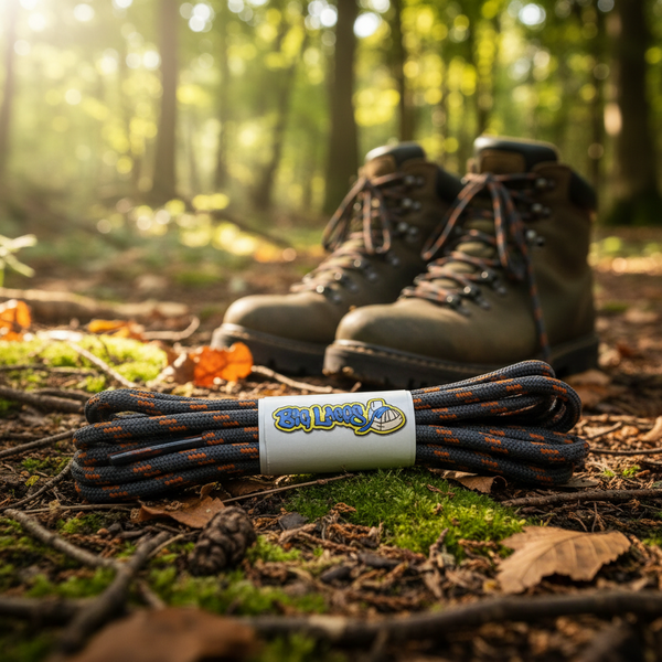 a pair of round grey bootlaces with orange flecks suitable for hiking and walking boots
