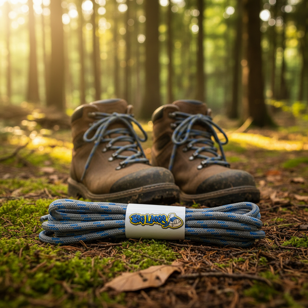 a pair of round grey bootlaces with pale blue flecks suitable for hiking and walking boots